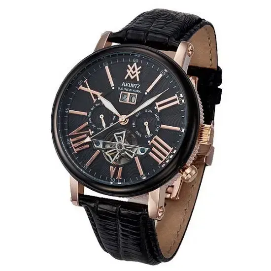A.Kurtz Black Leather Men's Watch Automatic Skeleton