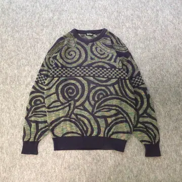 90s 빈티지 니트 스웨터 소용돌이 무늬 체커 패턴 코튼 올 패턴