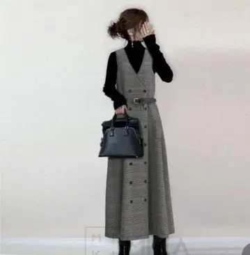 체크 무늬 오버롤 스커트 벨트 포함