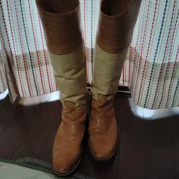 브라운 가죽 캔버스 롱 부츠