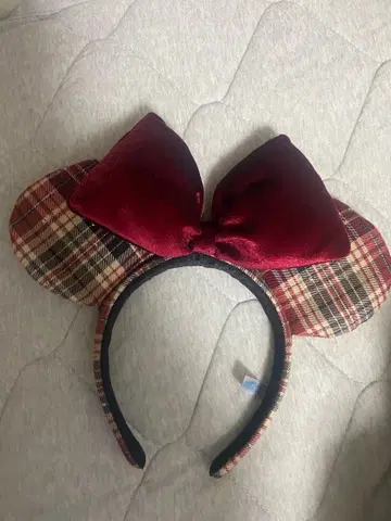 미니 마우스 귀 머리띠 체크 무늬 빨간색 리본