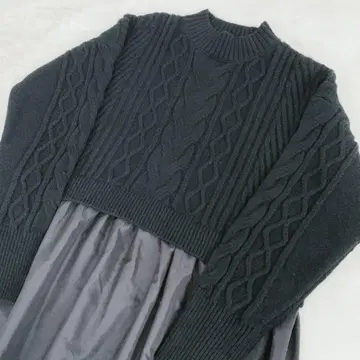 마 케이블 니트 절개 니트 원피스 롱 블랙