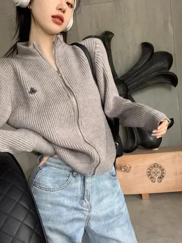 집업 리브 편직 스웨터 그레이