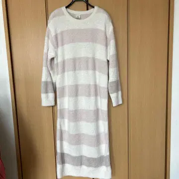 피케 플리스 롱 드레스 화이트 베이지 스트라이프