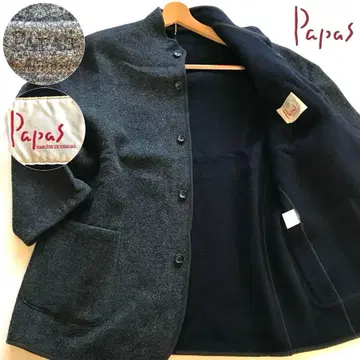 미사용급/XL 상당 파파스 울 코트 마오 칼라 트위드 그레이 로고 각인