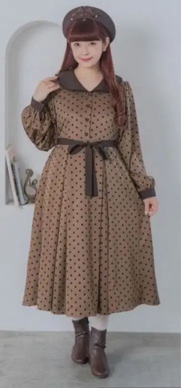 [시마미사] 플로키 도트 원피스 브라운