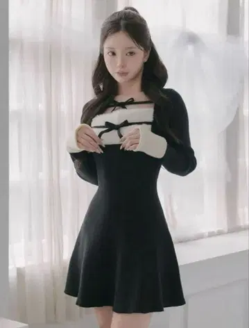 darich 리본 퍼 플레어 니트 미니 원피스 다리치 free