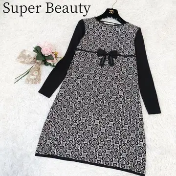 [슈퍼 뷰티] [L] 롱 원피스 니트 꽃무늬 리본 올 패턴 리브