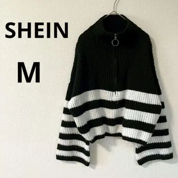 쉬인 하프 지퍼 스웨터 니트 M 블랙 화이트 보더 무늬 모노톤