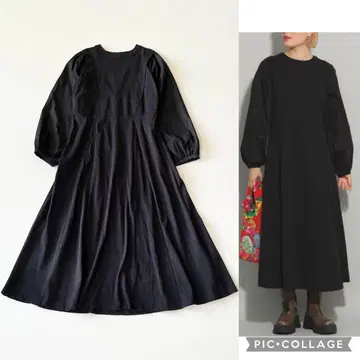 24AW 레이빔즈 벌룬 슬리브 플레어 원피스 이소재 도킹