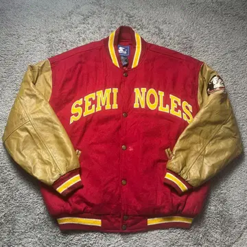 90s STARTER 가죽 바시티 자켓 플로리다 주립대학교 천연 가죽 울