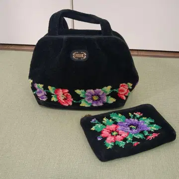 FEILER 블랙 꽃무늬 자수 핸드백과 파우치 세트