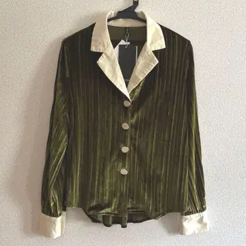 미사용 택 포함 AHASING 벨루어 셔츠 테일러드 칼라 올리브 그린