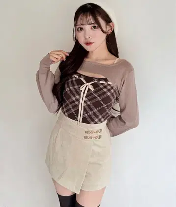 체크 리본 숏 레이어드 니트 핑크 계열 그