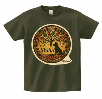 -shibakoku- 시바견 T셔츠 올리브 그린 (XXL)