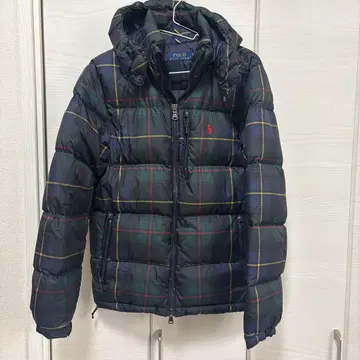 POLO 후드 부착 다운 자켓 네이비 계열 체크