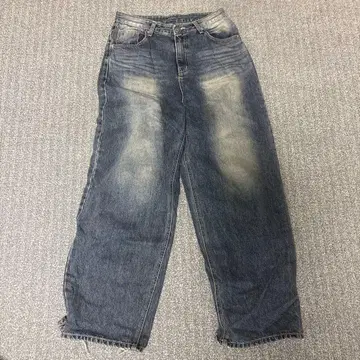 와이드 레그 데님 팬츠 다크 블루 프린지 마감