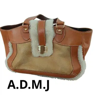 A.D.M.J 퍼 포함 핸드백 가죽 플랩 벨트 골드 금장 장식