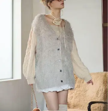 택 포함 새상품! join nuit 샤기 콤비 니트 가디건 프리 사이즈