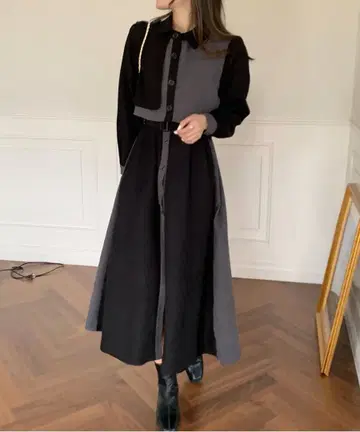 emi+ 레이어드 스타일 바이컬러 롱 원피스 블랙 x 그레이