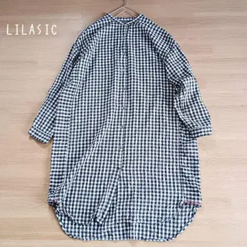 릴라시크 깅엄 체크 가로 길이 넉넉한 밴드 카라 원피스 차콜