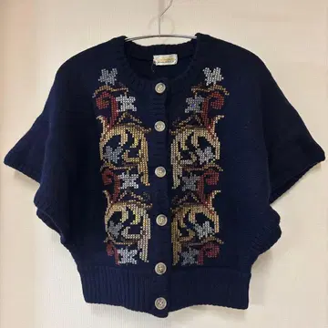 빈티지 북유럽 스타일 자수 자카드 울 니트 베스트 네이비