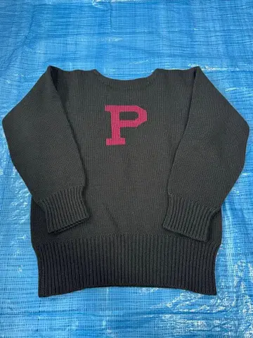 60s 새상품급 프린스턴 P 레터드 니트 블랙 x 버건디 빈티지