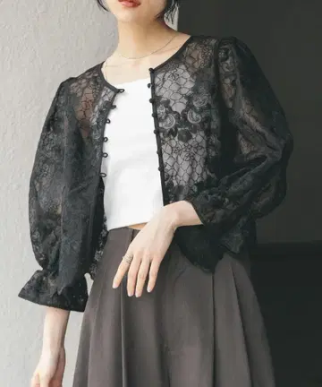 KBF 오간자 자수 크롭 블라우스