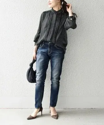 SHIPS 도트 솔리드 프릴 핀턱 레이스 블라우스