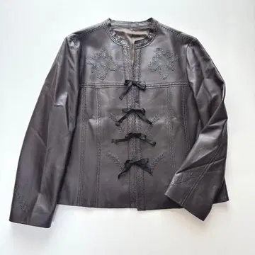 고급 [ Leilian ] 램 가죽 노카라 자켓 브라운 SIZE13