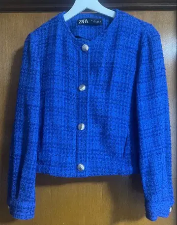 ZARA 노카라 파랑 트위드 자켓