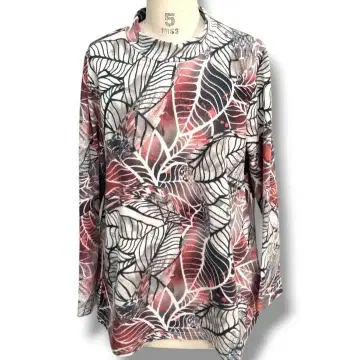 튜닉 상의 긴팔 프린트 보태니컬 무늬 리프 무늬 하이넥 아트