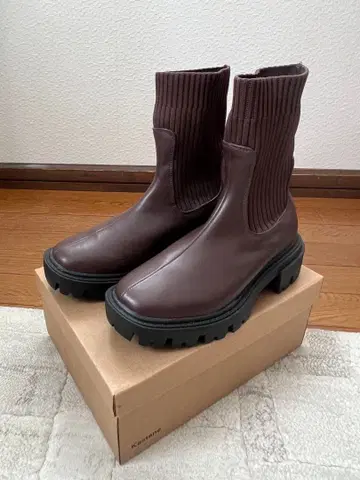 카스타네 브라운 부츠 합성 피혁 숏 삭스 부츠 사이드 고어