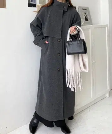 moment+ 새상품 니트 멜톤 스탠드 카라 케이프 코트 그레이