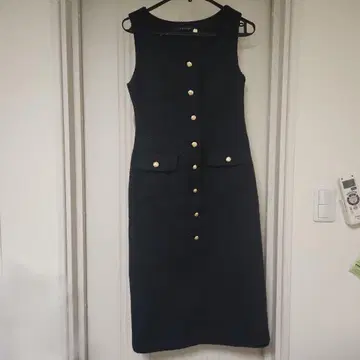 골드 단추 트위드 오버롤 스커트