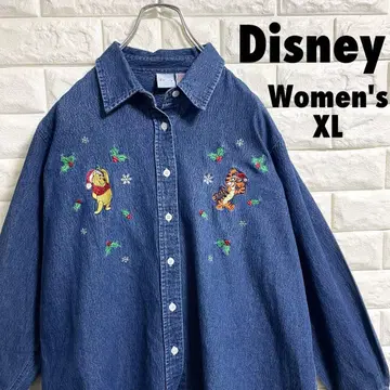 디즈니 푸우 티거 크리스마스 데님 셔츠 여성용 XL 사이즈