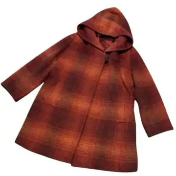 코트 자켓 L 후디 빨간색 오렌지 격자 무늬 체크 판초