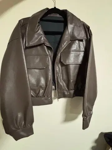 브라운 자켓 아우터 라이더스 인조 가죽 숏 기장