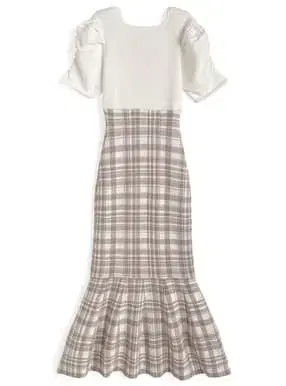 체크 무늬 절개 머메이드 니트 원피스