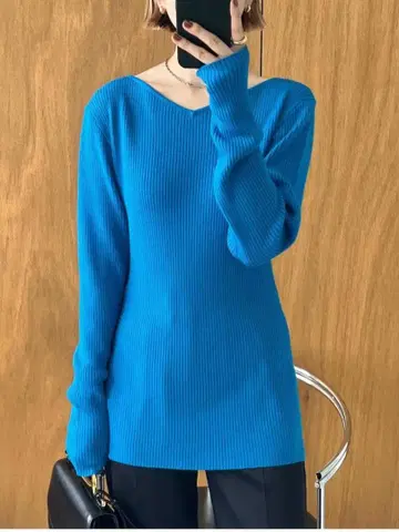 [ 새상품 ] 리무아크 긴팔 니트 리브 V넥 울 블루 FREE