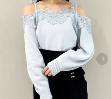 스나이델 SNIDEL 레이스 트리밍 오프숄더 풀오버 리본 니트