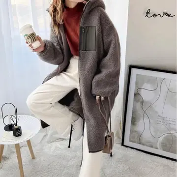 [클래식 엘프] 배색 롱 기장 무지 후디 집업 롱 보아 코트