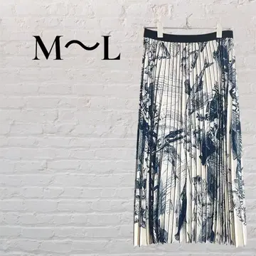 [ M~L ] 롱 스커트 플리츠 허리밴딩 올 패턴 여성용 화이트