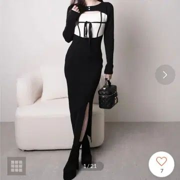 립 서비스 데콜테 오픈 바이컬러 리본 니트 원피스