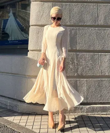 JENNE 자수 도트 플레어 원피스 S 화이트