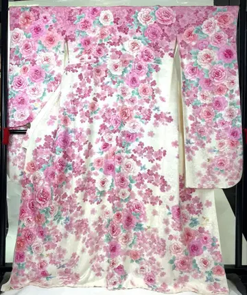 후리소데 순수 실크 마츠다 세이코 화이트 x 핑크 장미 무늬