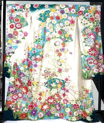 후리소데 순수 실크 크림 x 그린