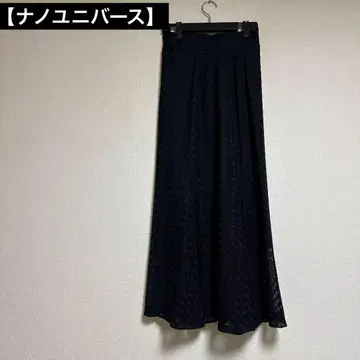 [ nano universe ] 블랙 롱 스커트 플레어 레이스 스커트