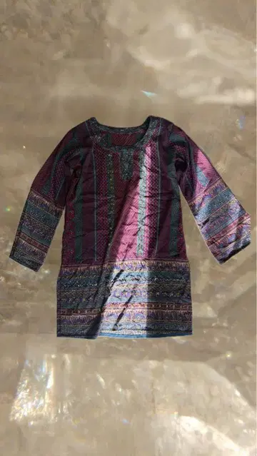 그런지, 에스닉 패턴 보라색 긴팔 원피스