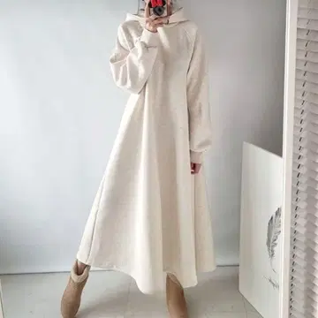 [ 한국 fashion ] 후드 부착 크림색 A라인 원피스